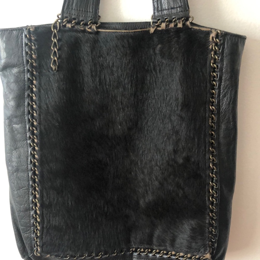 Soft cow leather and cow hide front panel tote bag